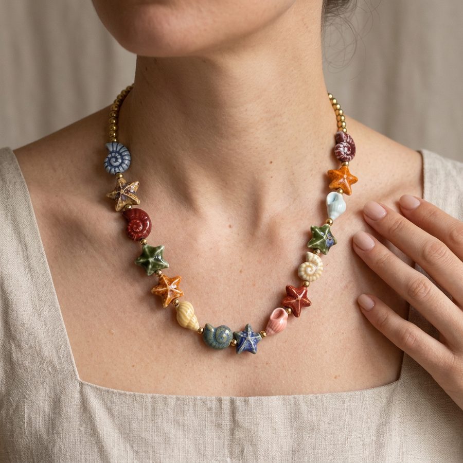 Collier acier court perle céramique étoile de mer, bijou en gros pour revendeurs