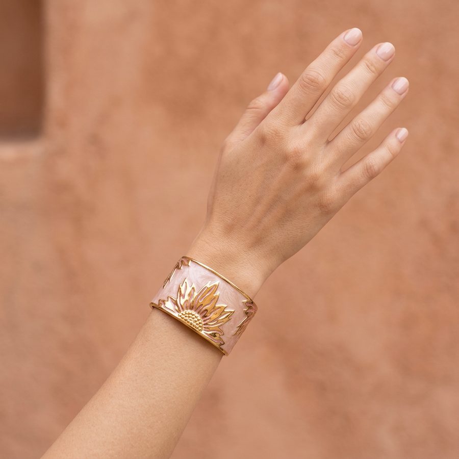 Bracelet manchette acier émaillé demi tournesol, bijou en gros pour revendeurs